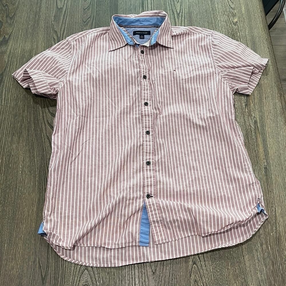 Tommy Hilfiger Mens Button-Up Shirt Short Sleeve Cotton Striped Red White Sz XL